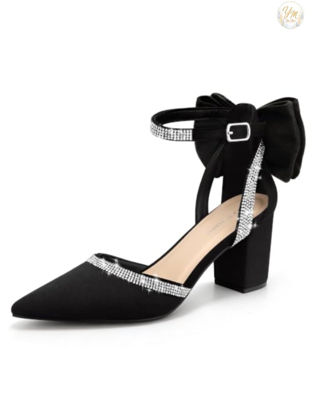 Womens Pointed Toe Block Heel Pumps with Bow Ankle Strap Dress Heels
